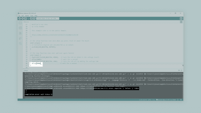 The Arduino IDE 2.0 compiler showing a syntax error in a sketch.