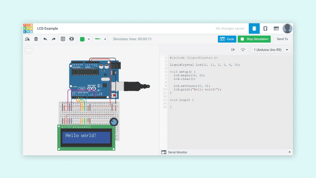 A simulation of a circuit in Tinkercad Circuits.